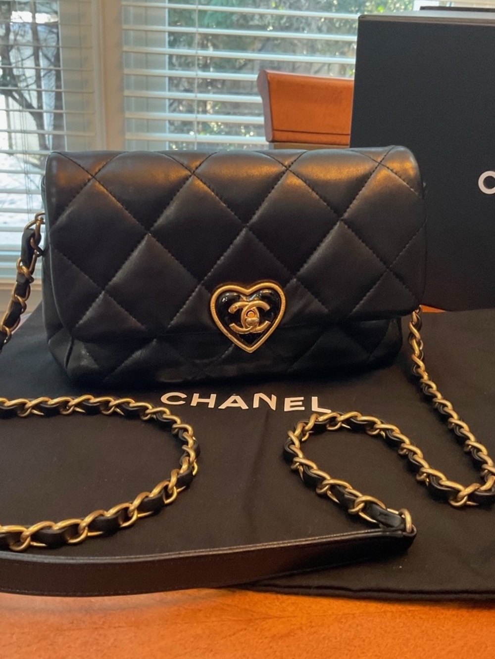 CHANEL lambskin Black Quilted Crossbody with Gold Heart Accent AUTHENTIC